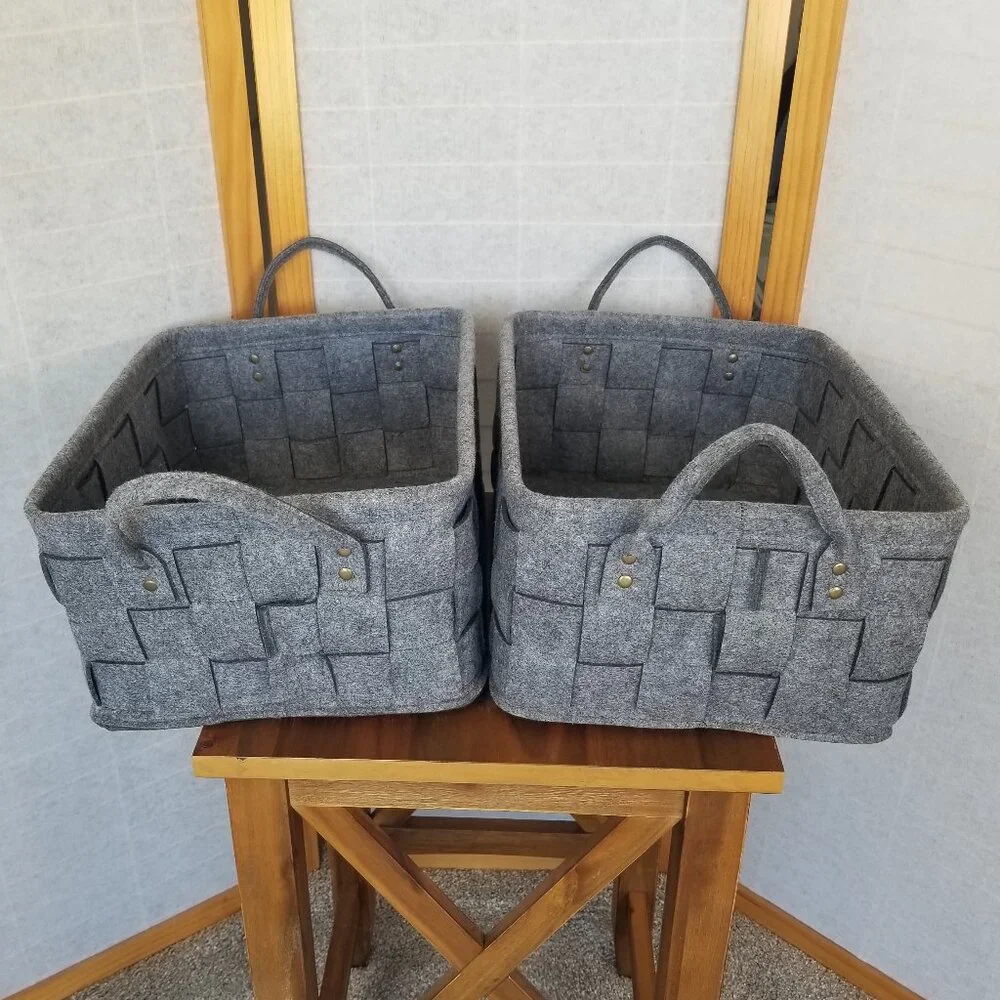 Large Flannel Felt Basket with Handle Gray Woven Set of Two 15